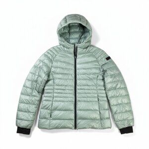 BCBG MAXAZRIA Puffer Jacket Womens Large Hooded Green Light Weight Down Filled
